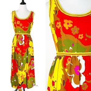 Vintage Kiki Hart Floral Retro Groovy Maxi Dress Red Yellow Scoop Neck 1960s